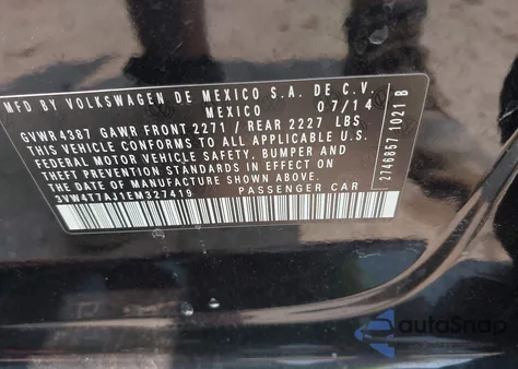 2014 Volkswagen Jetta Gli Edition 30 W/Nav z USA, uszkodzony, nr VIN 3VW4T7AJ1EM327419